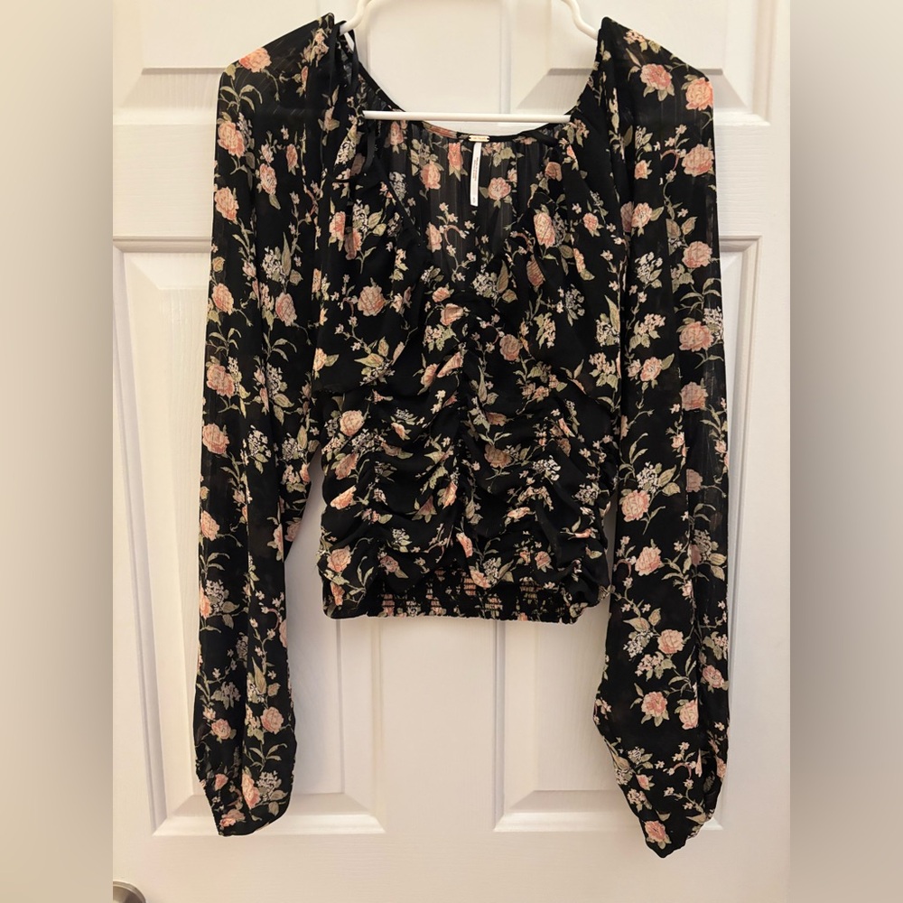 Free People Black Floral Ruched Long-Sleeve Blouse Small New